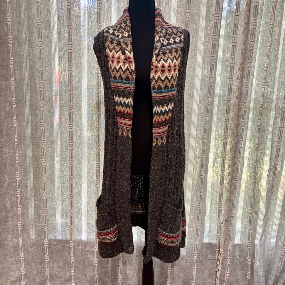 Hollistic Women's Knit Long Vest Sweater Pockets Gray Wool Sleeveless Nordic